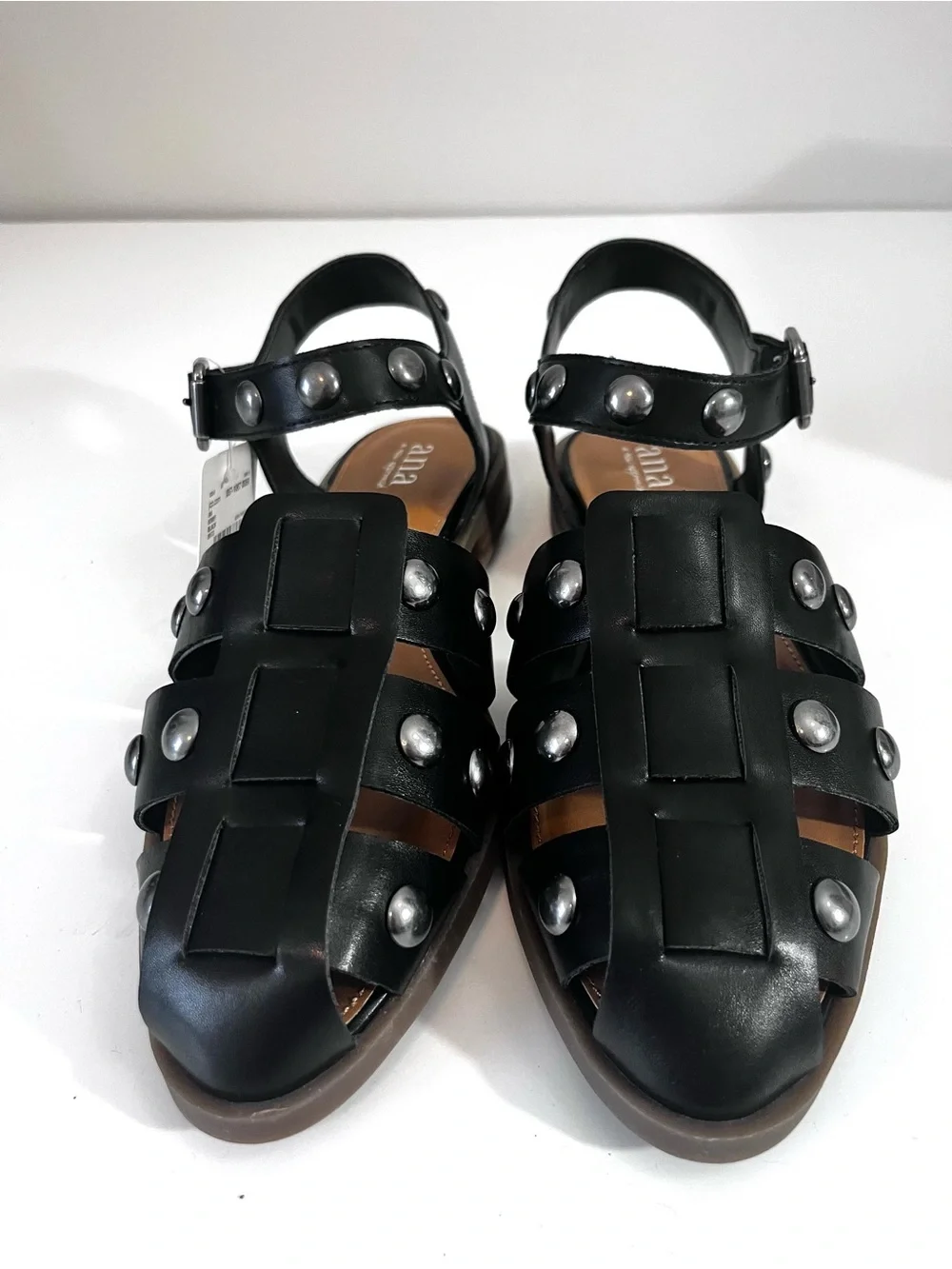 A.N.A. Black Studded Faux Leather Slingback Fisherman Sandals Flat Heel Women 7M